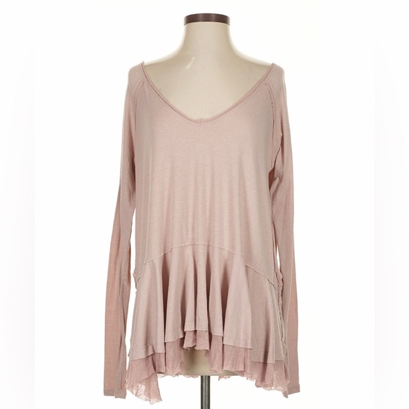 Free People Pale Pink Mauve Ruffled Hem Long Sleeve Tunic Top - Picture 6 of 16